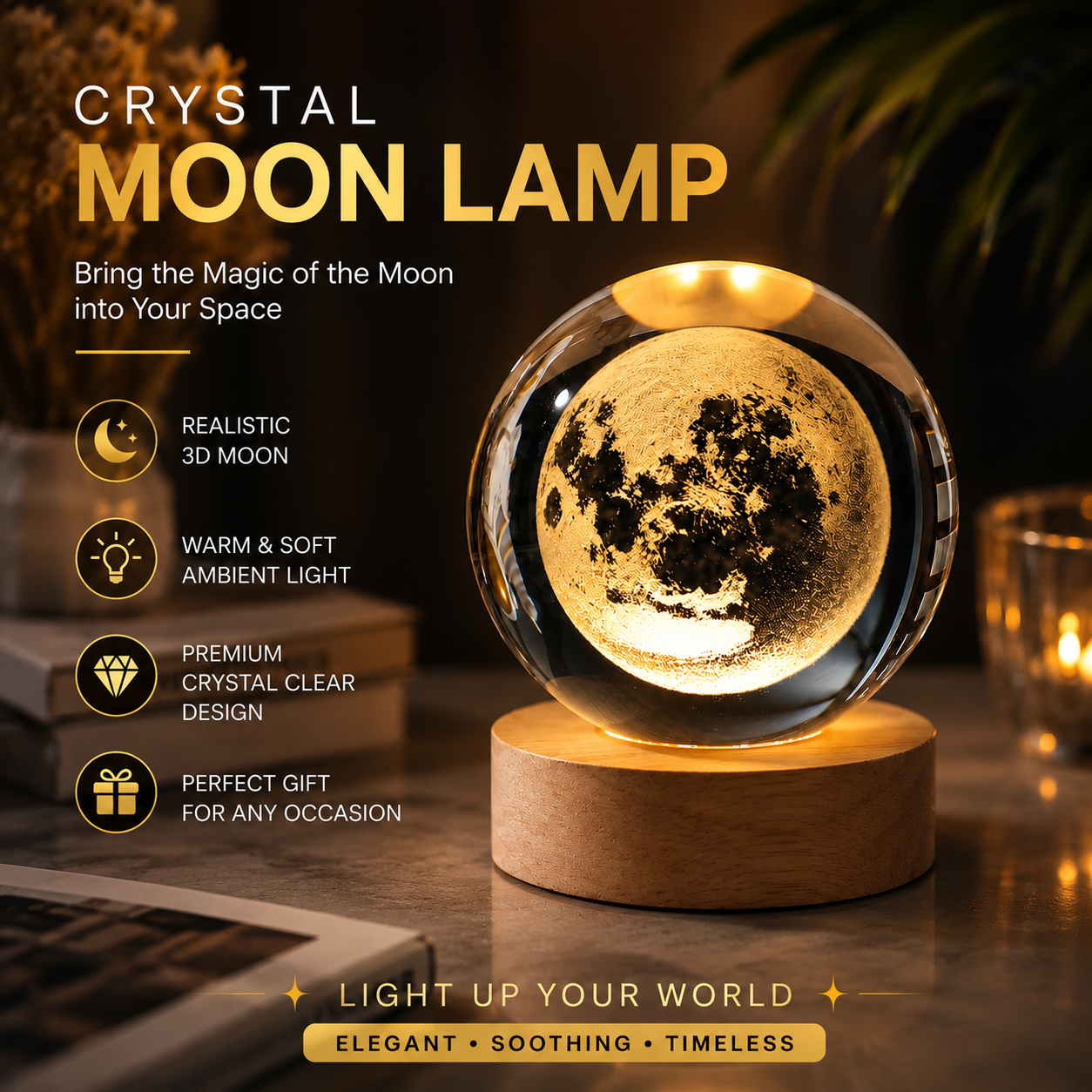 3D Galaxy Crystal Ball Lamp | LED Crystal Orb Night Light with Wooden Base