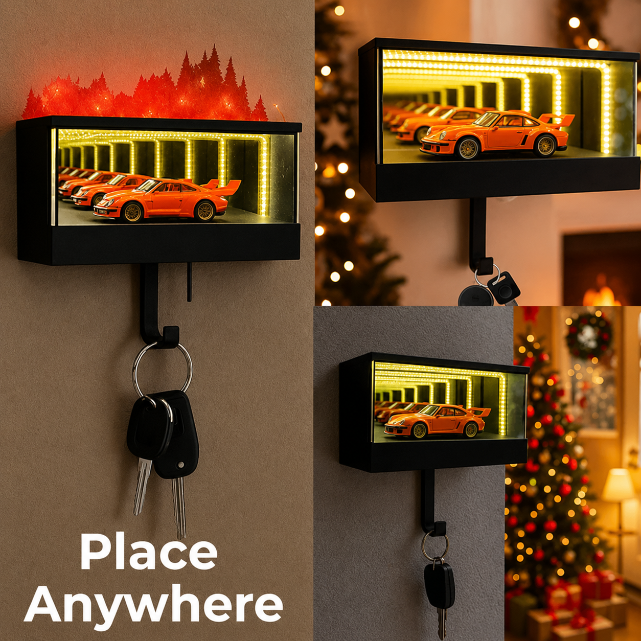 LED Wall Key Holder with Mini Car Display | 3D Infinity Mirror Garage Key Organizer