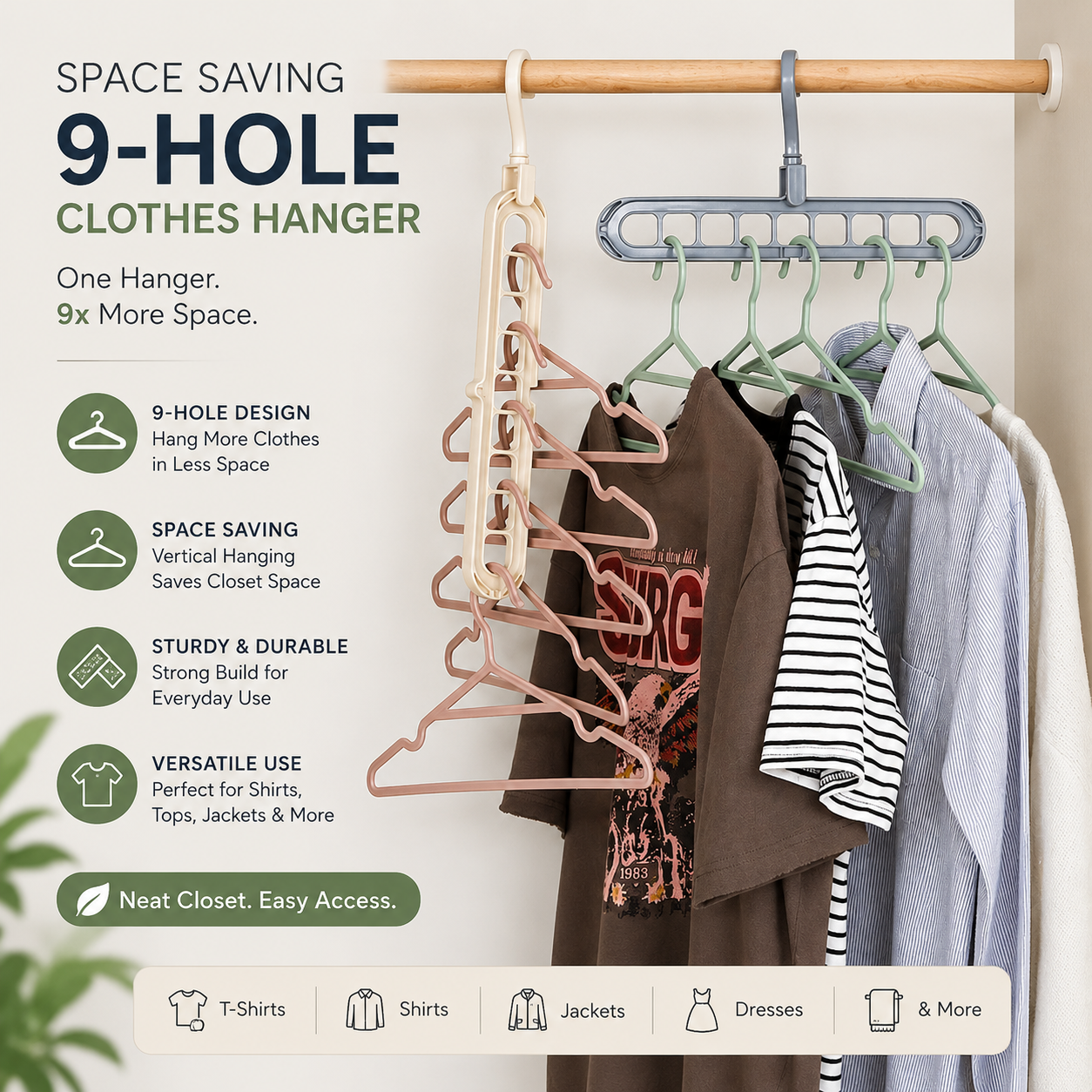 Space Saving 9-Hole Clothes Hanger | Multi-Layer Wardrobe Closet Organizer
