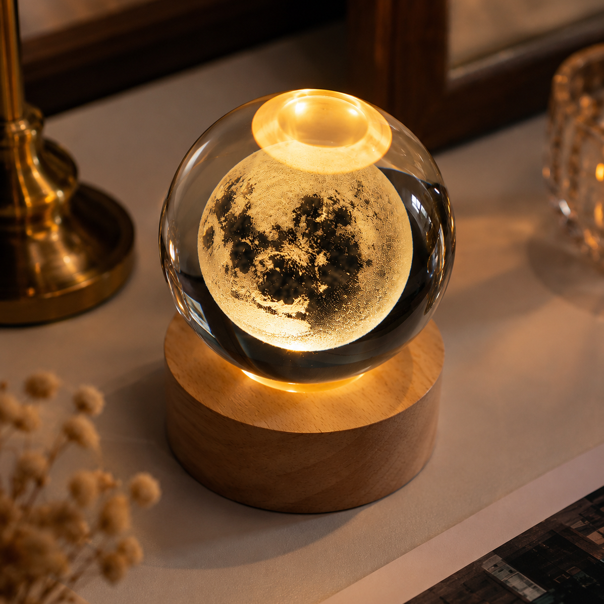 3D Galaxy Crystal Ball Lamp | LED Crystal Orb Night Light with Wooden Base