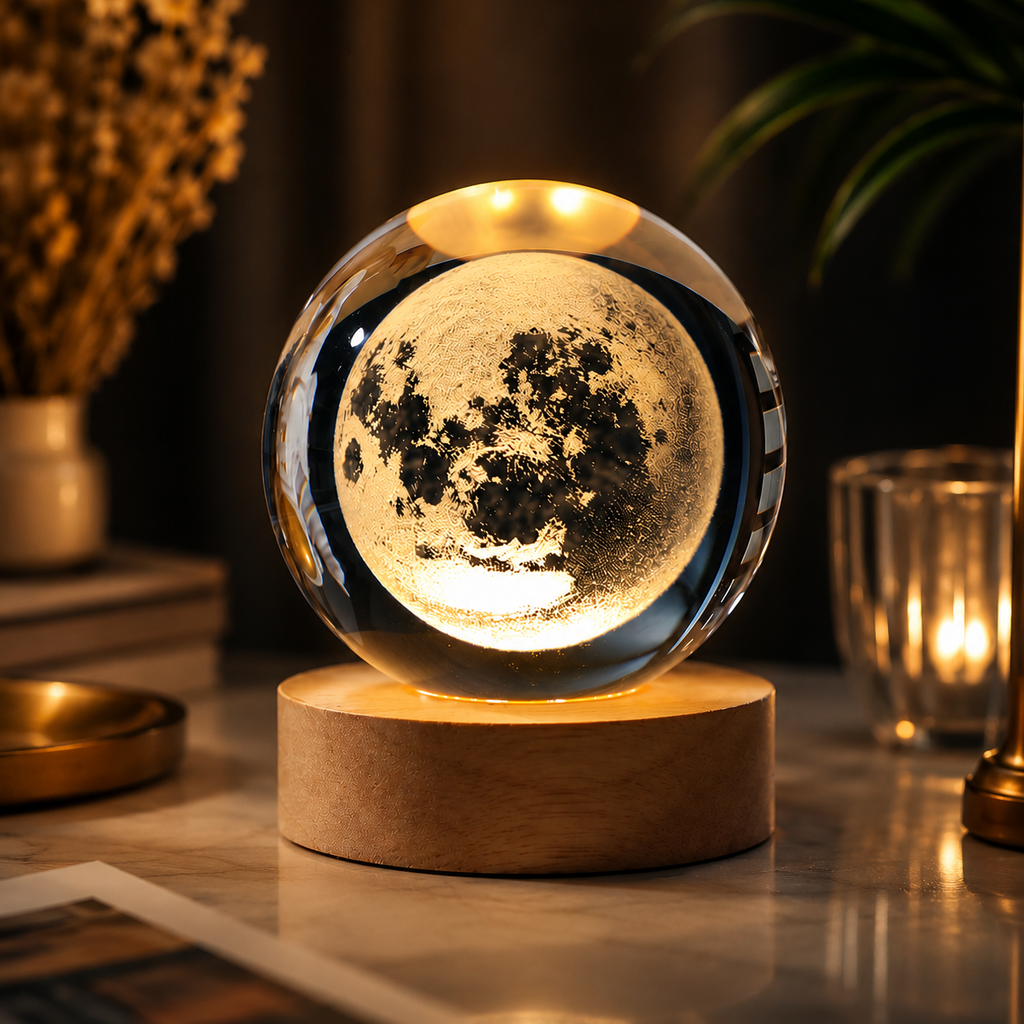 3D Galaxy Crystal Ball Lamp | LED Crystal Orb Night Light with Wooden Base