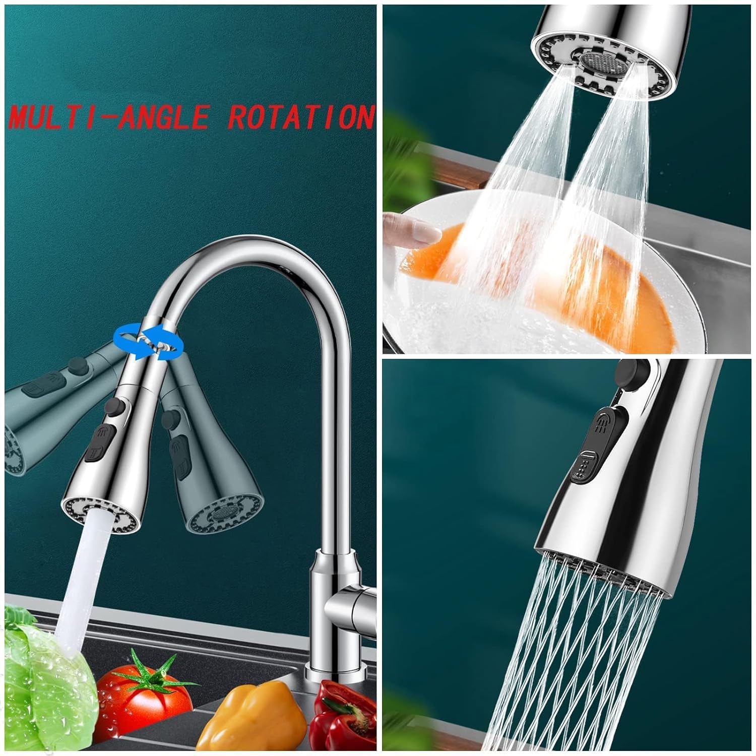 360° Kitchen Faucet Sprayer Head | 3-Function High Pressure Pull Down Replacement