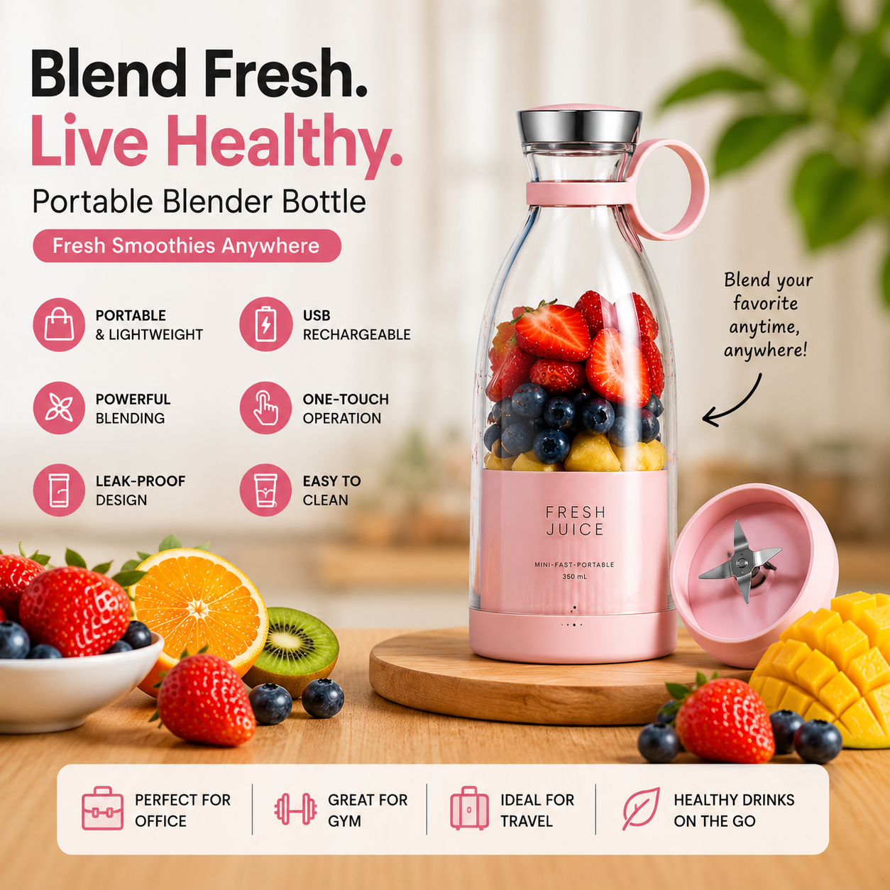 Portable USB Rechargeable Blender Bottle | Personal Smoothie & Juice Maker