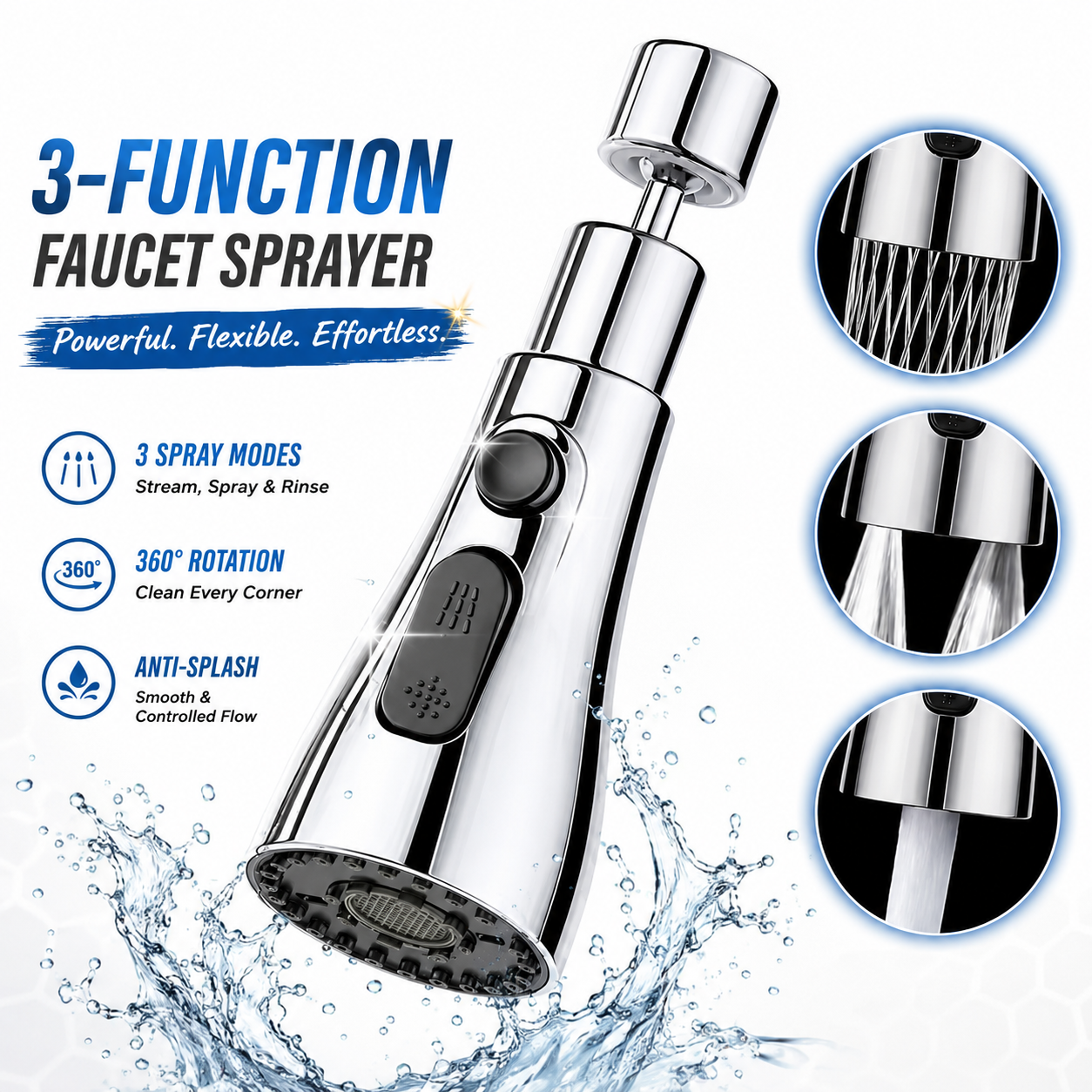 360° Kitchen Faucet Sprayer Head | 3-Function High Pressure Pull Down Replacement