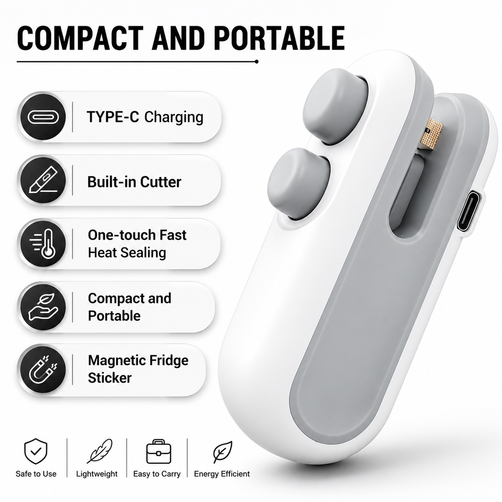 Mini Bag Sealer 2-in-1 Heat Sealer & Cutter USB Rechargeable for Food Storage Bags